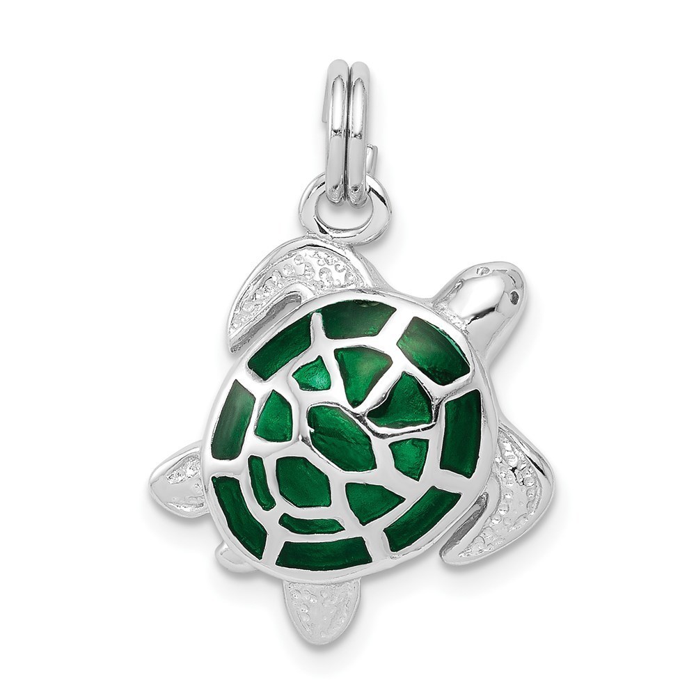 925 Sterling Silver Rhodium-plated Green Enamel Turtle Necklace Charm Pendant
